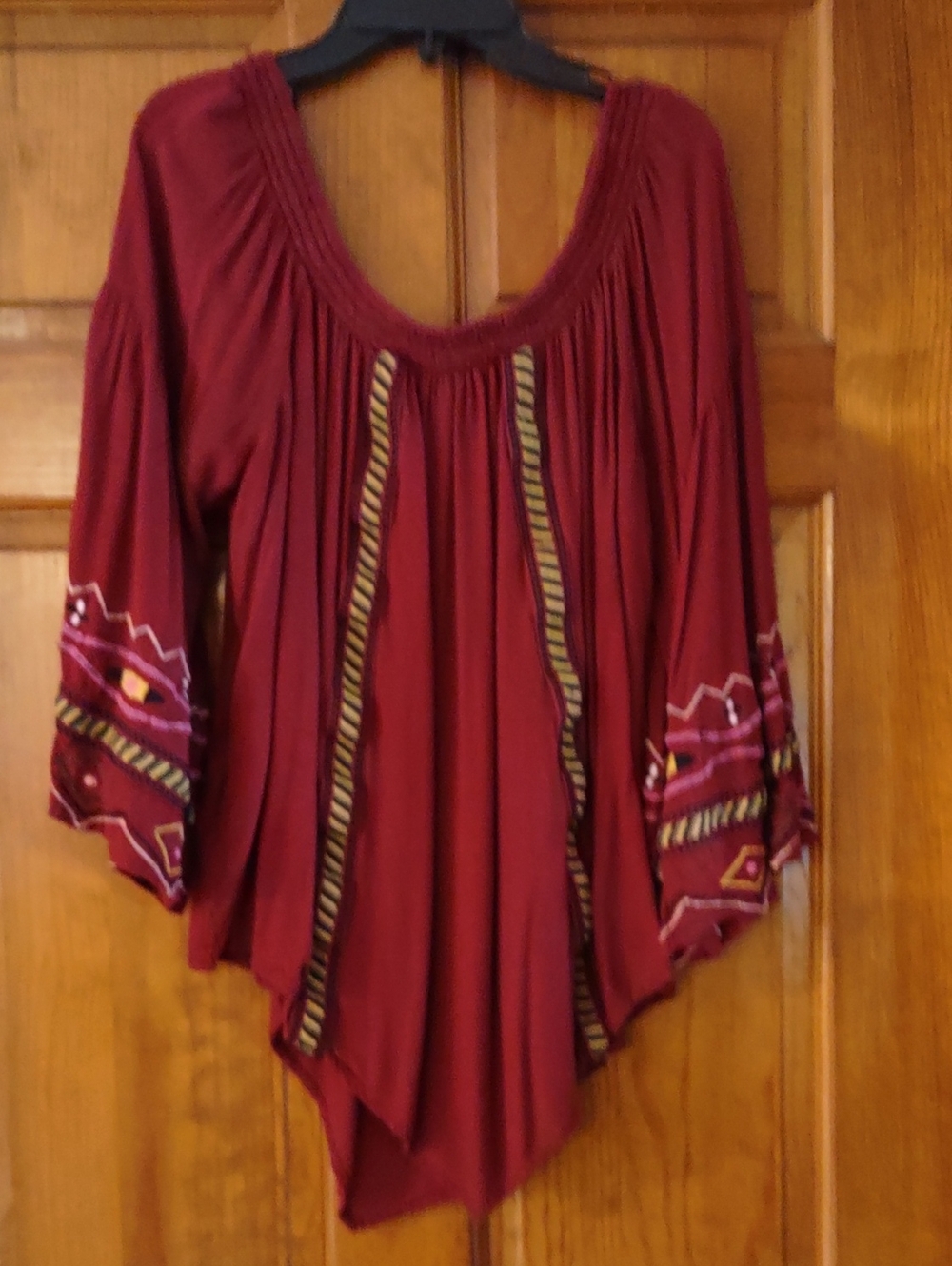Women's Burgundy Boho Embroidered Peasant Top